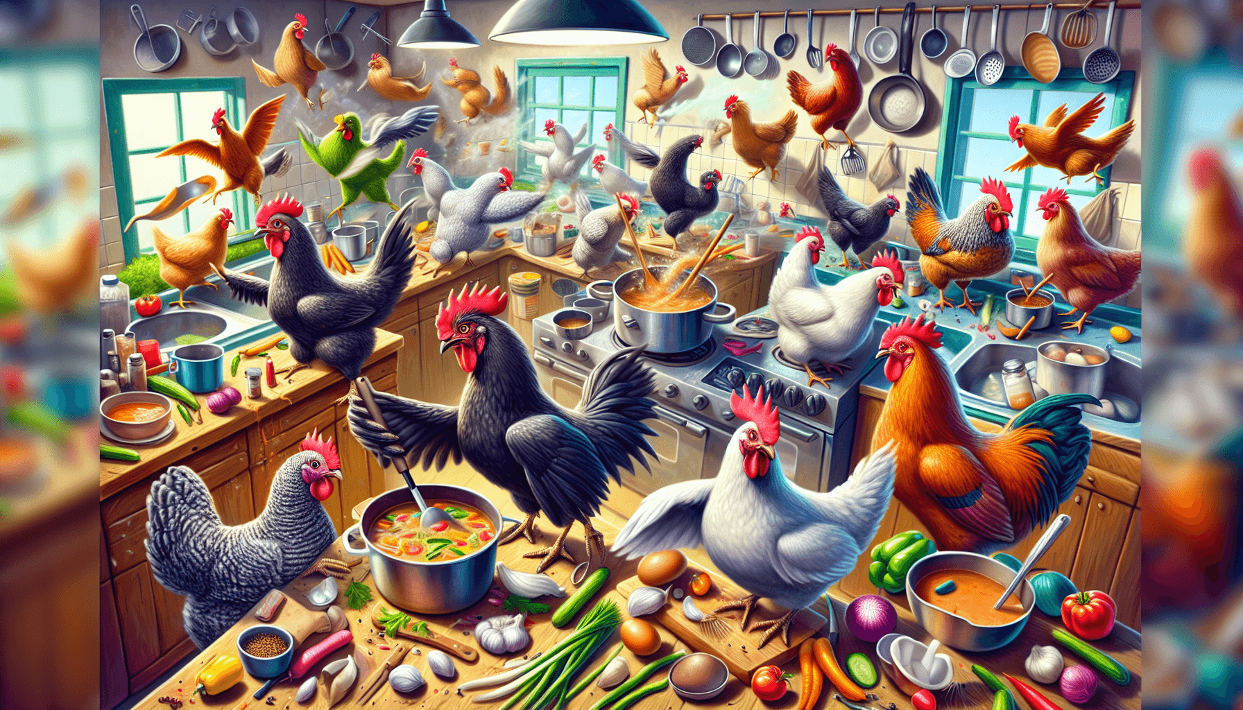 Chickens cooking in a chaotic kitchen