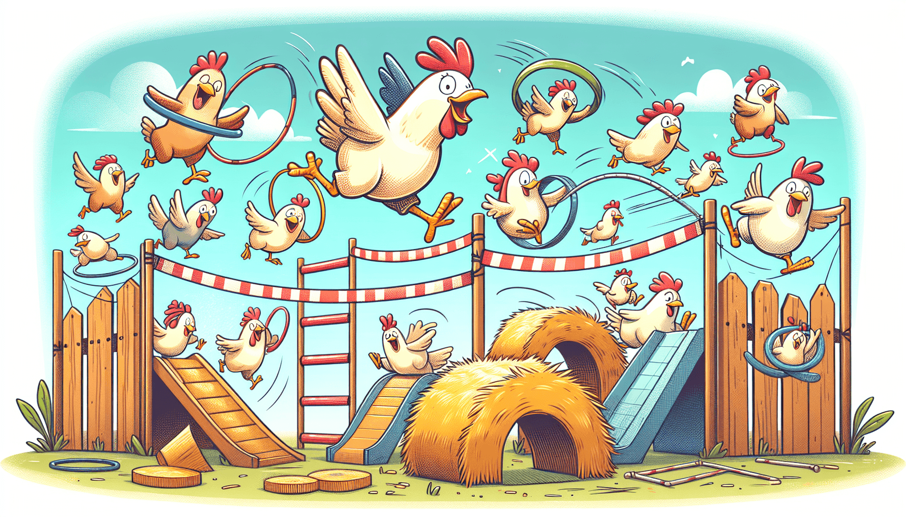 Chickens racing in an obstacle course